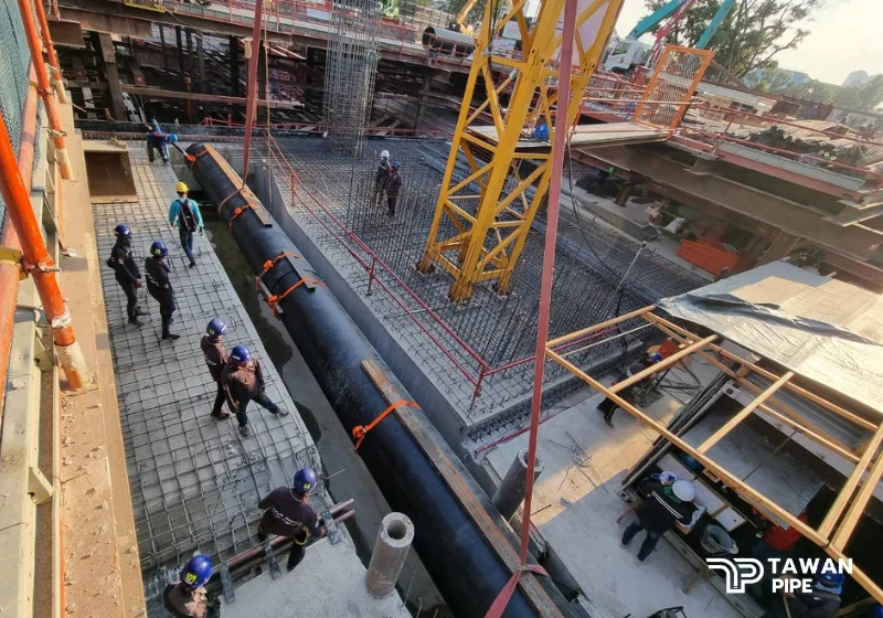 งานติดตั้งท่อ HDPE หน้างานก่อสร้าง ตะวันไพพ์ วางท่อระบบสาธารณูปโภค