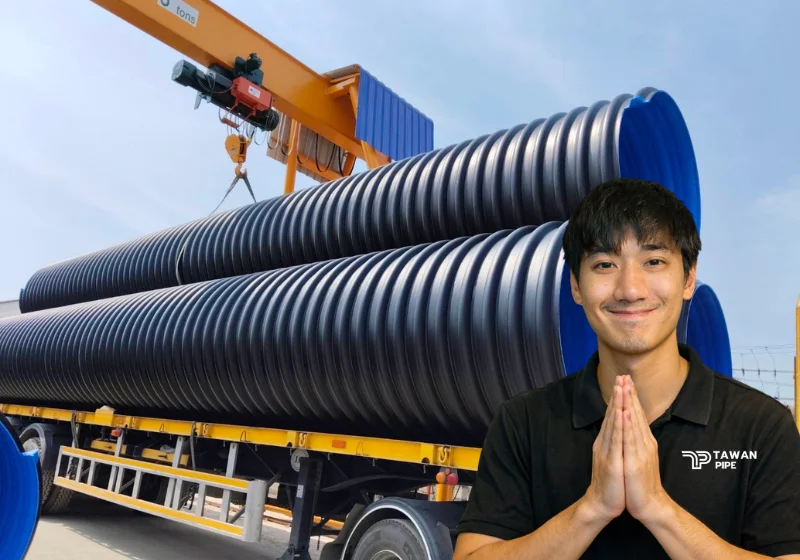 ขนส่งท่อลอนพอลิเอทิลีนเสริมเหล็ก Corrugated PE ขนาดใหญ่ ส่งหน้างาน ตะวันไพพ์